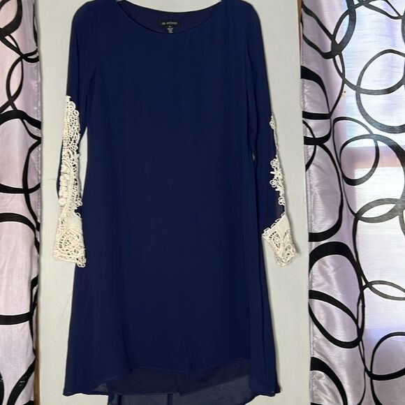 Jodi Kristopher dark blue shift dress with semi sheer lace sleeves size small - Picture 8 of 14